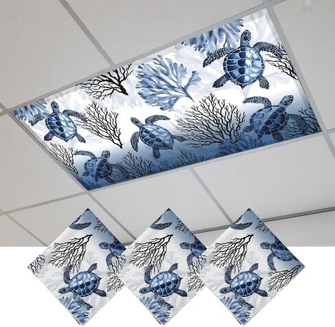 Fluorescent Light Covers, Coastal Sea Turtles Magnetic Light Covers for Ceiling Lights, Summer Coral Ocean Beach Gradient Blue Fluorescent Ceiling Shade for Classroom Bedroom Office 4x2Ft x 3PCS in Kuwait
