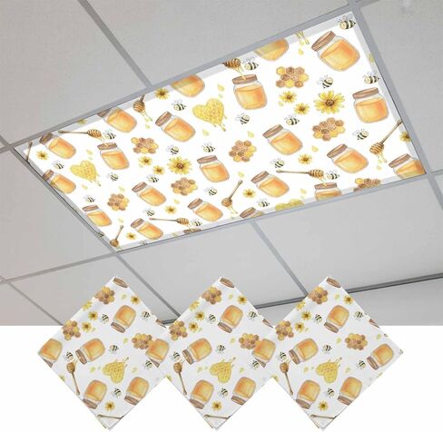 Yellow Flowers Magnetic Fluorescent Light Covers for Ceiling Lights 2x4 Ft, Funny Cartoon Honey Bottle Cute Bees Office Classroom Kitchen Drop Ceiling Light Covers Lighting Filters Shade Panel 2 Packs in Kuwait