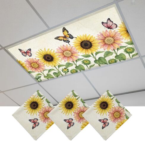 Fluorescent Light Covers, Summer Floral Magnetic Light Covers for Ceiling Lights, Watercolor Sumflowers Butterfly Botanical Beige Fluorescent Ceiling Shade for Classroom Bedroom Office 4x2Ft x 2PCS in Kuwait