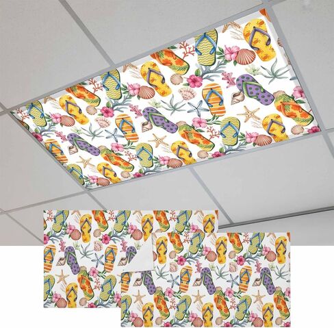 Fluorescent Light Covers, Nautical Coastal Magnetic Light Covers for Ceiling Lights, Watercolor Ocean Slippers Starfish Coral Shell Fluorescent Ceiling Shade for Classroom Bedroom Office 4x2Ft x 2PCS in Kuwait