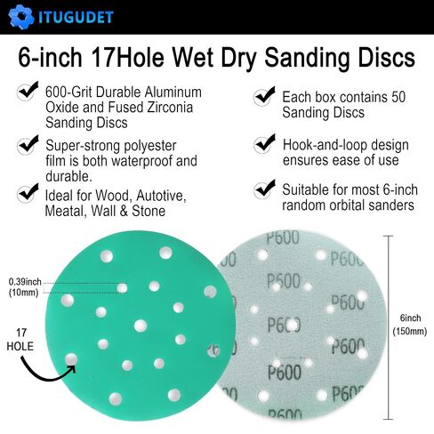 6 Inch 17 Hole Zirconia Hook & Loop Sanding Discs Assortment - 80, 120, 150, 180,220 Grit (10/Each), Heavy-Duty Polyester Film Backing, Wet Dry Anti-Clog for Random Orbital Sanders - 50 Pack in Kuwait