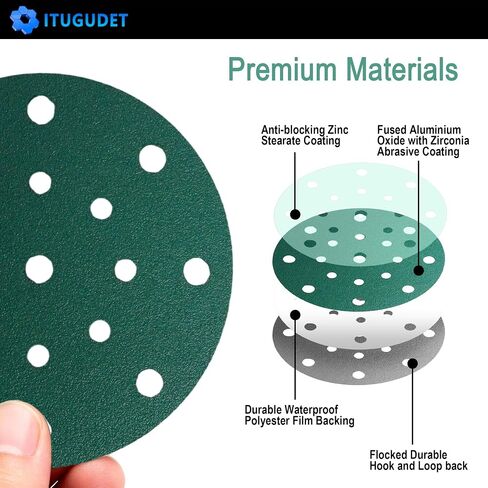 6 Inch 17 Hole Zirconia Hook & Loop Sanding Discs Assortment - 80, 120, 150, 180,220 Grit (10/Each), Heavy-Duty Polyester Film Backing, Wet Dry Anti-Clog for Random Orbital Sanders - 50 Pack in Kuwait