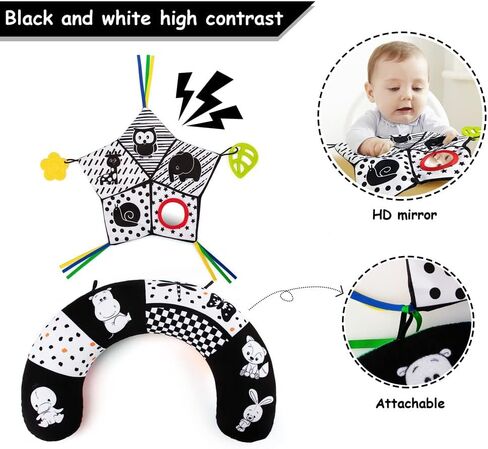 teytoy Tummy Time Pillow with Crinkle Mat & Teethers, Black and White High Contrast Baby Toys with Mirror, Montessori Sensory Crawling Toy for Infant Newborn Toddler Tummy Time Toys 0-6 Months Babies in Kuwait