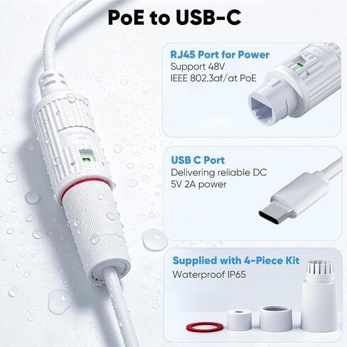 PoE to USB C Power Converter Adapter-IP65（Power Only-No Data） | IP65 Waterproof,8V IEEE 802.3af/at PoE to 5V 2A USB-C Power Output, Power Only for Security Camera, LED Strip,Gateway in Kuwait