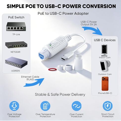 PoE to USB C Power Converter Adapter-IP65（Power Only-No Data） | IP65 Waterproof,8V IEEE 802.3af/at PoE to 5V 2A USB-C Power Output, Power Only for Security Camera, LED Strip,Gateway in Kuwait
