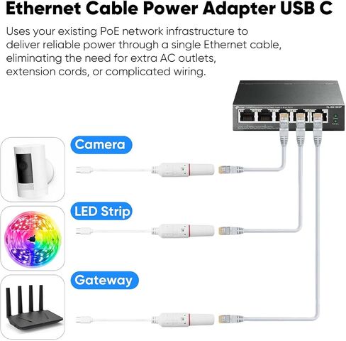 PoE to USB C Power Converter Adapter-IP65（Power Only-No Data） | IP65 Waterproof,8V IEEE 802.3af/at PoE to 5V 2A USB-C Power Output, Power Only for Security Camera, LED Strip,Gateway in Kuwait