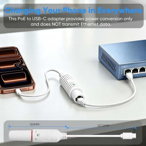 PoE to USB C Power Converter Adapter-IP65（Power Only-No Data） | IP65 Waterproof,8V IEEE 802.3af/at PoE to 5V 2A USB-C Power Output, Power Only for Security Camera, LED Strip,Gateway in Kuwait