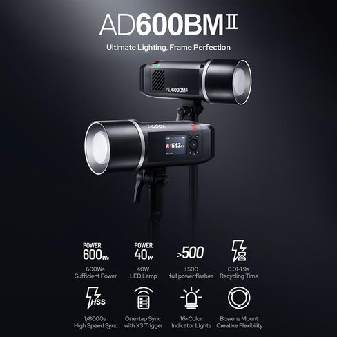 GODOX AD600BM II Portable Flash Light 600Ws 1/8000s HSS 0.01-1.9s Recycle 500 Flashes 40W LED Modeling 5600K X3/X2T/X1 Compatible 16-Color ID Lights Precision Power Control 1/1-1/512 Pro Photo Video in Kuwait