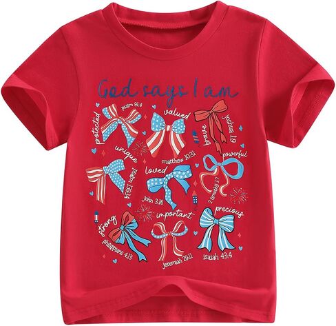 Douhoow Toddler Girls 4th of July Shirt Short Sleeve Letter Print Girl Tshirt Tops1T 2T 3T 4T 5T 6T Kids Patriotic Outfits in Kuwait