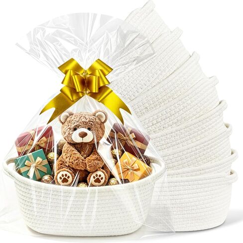 8 Pack Small Woven Baskets, 12"x 8"x 5" Empty Gift Baskets with Gift Bags and Bows, Gift Baskets for Christmas Mother's Day, Baby Showers, Birthdays, Raffle Storage Basket with Handles, White in Kuwait