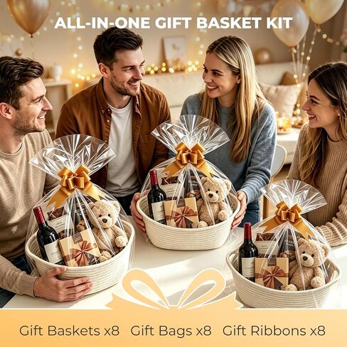 8 Pack Small Woven Baskets, 12"x 8"x 5" Empty Gift Baskets with Gift Bags and Bows, Gift Baskets for Christmas Mother's Day, Baby Showers, Birthdays, Raffle Storage Basket with Handles, White in Kuwait