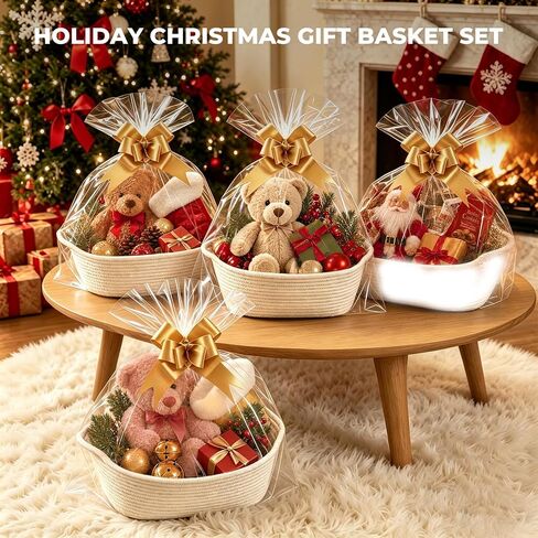 8 Pack Small Woven Baskets, 12"x 8"x 5" Empty Gift Baskets with Gift Bags and Bows, Gift Baskets for Christmas Mother's Day, Baby Showers, Birthdays, Raffle Storage Basket with Handles, White in Kuwait
