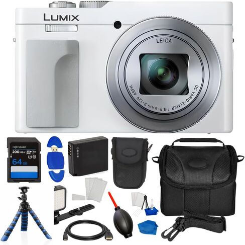 Panasonic TZ99/ZS99 Digital Camera (White) Bundle with 64GB Extreme PRO 200MB/s, Extra Battery, LED Video Light, Tripod Gripster, Camera Case, Cleaning Kit & Many More Accessories (Renewed) in Kuwait