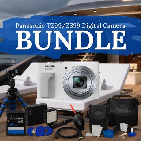 Panasonic TZ99/ZS99 Digital Camera (White) Bundle with 64GB Extreme PRO 200MB/s, Extra Battery, LED Video Light, Tripod Gripster, Camera Case, Cleaning Kit & Many More Accessories (Renewed) in Kuwait