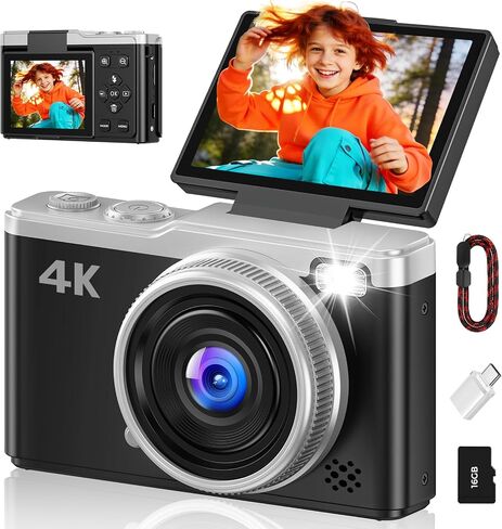MaxMango Digital Camera, 64MP & 2.4'' Vlogging Camera for Beginners,180° Flip Screen Point and Shoot Digital Cameras with 16GB SD Card for Teenager Adult in Kuwait