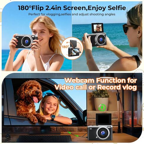 MaxMango Digital Camera, 64MP & 2.4'' Vlogging Camera for Beginners,180° Flip Screen Point and Shoot Digital Cameras with 16GB SD Card for Teenager Adult in Kuwait