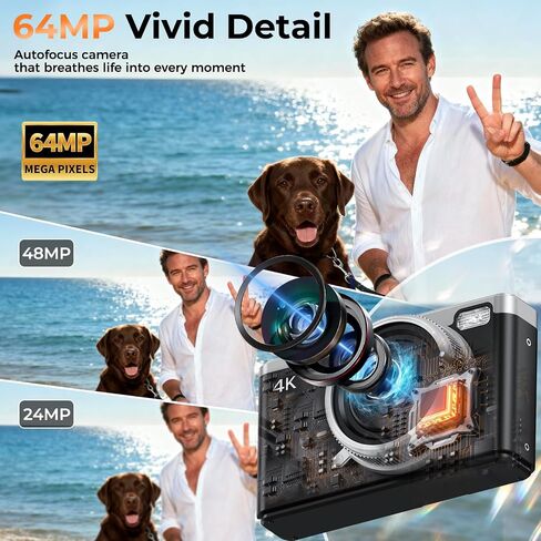 MaxMango Digital Camera, 64MP & 2.4'' Vlogging Camera for Beginners,180° Flip Screen Point and Shoot Digital Cameras with 16GB SD Card for Teenager Adult in Kuwait