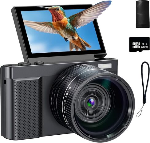 4K Digital Camera, 64MP Vlogging Camera for Photography with 3'' 180°Flip Screen,Macro and Wide-Angle Lenses,16X Vlogging Camera for YouTube with 64GB Micro SD Card for Beginner in Kuwait