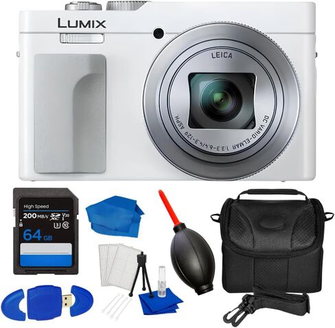 Panasonic TZ99/ZS99 Digital Camera (White) Bundle with 64GB Extreme PRO 200MB/s Memory Card, Gadget Bag/Case, Card Reader, Dust Blower, Microfiber Cloth, Cleaning Kit & Many More (Renewed) in Kuwait
