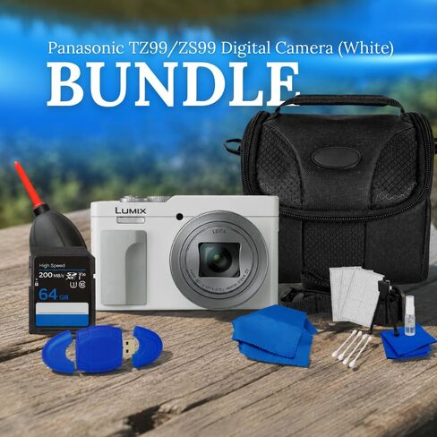 Panasonic TZ99/ZS99 Digital Camera (White) Bundle with 64GB Extreme PRO 200MB/s Memory Card, Gadget Bag/Case, Card Reader, Dust Blower, Microfiber Cloth, Cleaning Kit & Many More (Renewed) in Kuwait