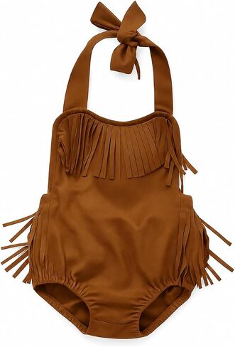 Infant Baby Girl Brown Fringe Faux Suede Romper - Western Style Halter Sunsuit, Adjustable Straps in Kuwait