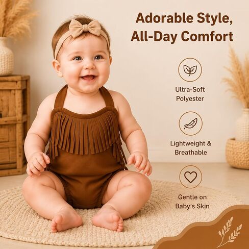Infant Baby Girl Brown Fringe Faux Suede Romper - Western Style Halter Sunsuit, Adjustable Straps in Kuwait