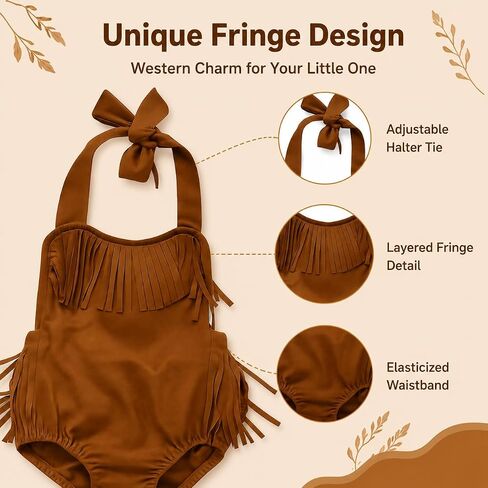 Infant Baby Girl Brown Fringe Faux Suede Romper - Western Style Halter Sunsuit, Adjustable Straps in Kuwait