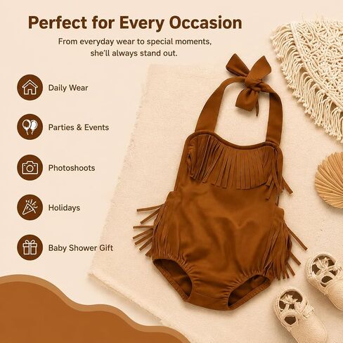 Infant Baby Girl Brown Fringe Faux Suede Romper - Western Style Halter Sunsuit, Adjustable Straps in Kuwait