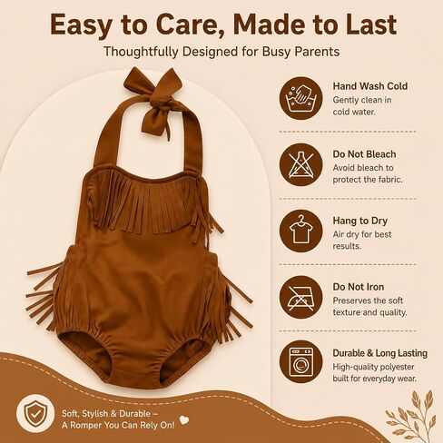Infant Baby Girl Brown Fringe Faux Suede Romper - Western Style Halter Sunsuit, Adjustable Straps in Kuwait