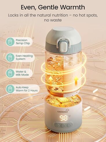 Grownsy Portable Bottle Warmer, Detachable All-in-One Travel Milk Warmers | Fast Even Heat, On-the-Go Bottle Warmer with Nipple for Direct Feeding, Dual Heat Modes, Long Battery, Shatterproof Non-Glass in Kuwait