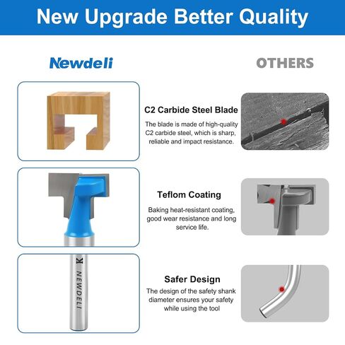 Newdeli Keyhole Router Bit Set 1/4" Shank 2Pcs T-Slot Router Bits 3/8" 1/2" Blade Diameter for Wood Hex Bolt T-Track Slotting in Kuwait