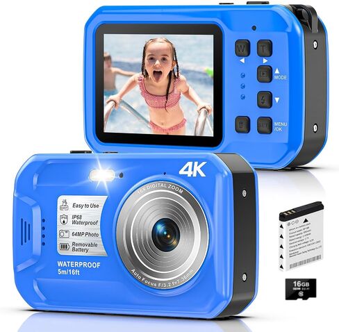 4K 64MP Underwater Camera Autofocus IPS HD Screen 16X Digital Zoom Fill Light, Floatable Waterproof Digital Camera, 16FT, Includes 16GB Card for Surfing Snorkeling Swimming, Pink in Kuwait