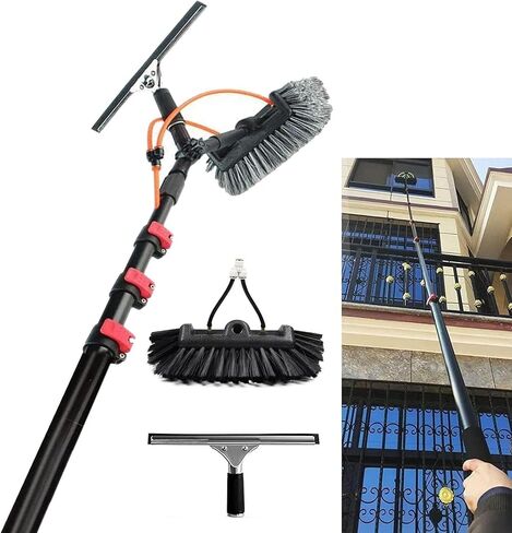 24FT Water Fed Brush for Solar Panel & Photovoltaic Cleaning - Long-Reach Deck Scrubber, Efficient Outdoor Window Cleaner Tool, Ideal for Home & Commercial Use in Kuwait