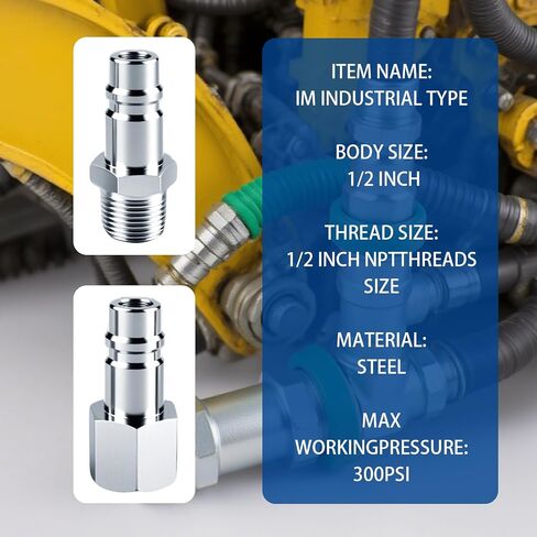 1/2 Inch Air Hose Fittings Set,High Flow 2 Pcs I/M Industrial Type Coupler with 1/2" FNPT,3 Pcs Plugs with 1/2" NPT,Steel Air Compressor Accessories Quick Connect Fittings 300PSI for Pneumatic Tools in Kuwait