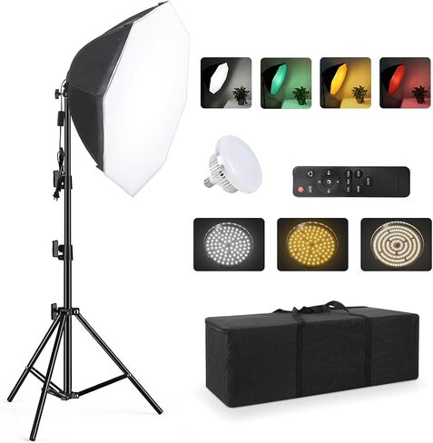 Softbox Continuous Lighting Kit 1 Pack for Camera Photo Video Photography Studio Light with 28'' x 28''Octagon Softbox and Dimmable Super Bright Bulb/Nylon Color Screen/Light Stand/Carrying Bag in Kuwait