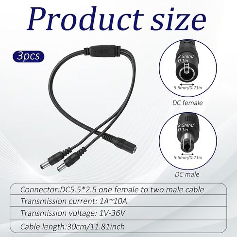 3 Pcs DC Power Splitter Cable 1 Female to 2 Male 5.5mm x 2.5mm 12 Volt Power Splitter for CCTV Cameras LED Strips in Kuwait