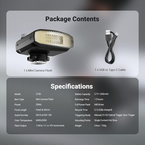 NEEWER Mini Camera Flash Light, 20Ws GN15 Speedlite with 640 Full Power Flashes/3.1s Recycle/6000±200K, Manual 1/64-1/1 Power & S1/S2 Mode, 1200mAh, Compatible with Sony ZV1 Canon Nikon Fujifilm, Z150 in Kuwait