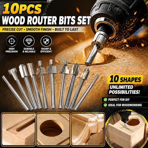 10Pcs Titanium Router Bits 1/8" Shank Carbide Engraving Milling Cutter Bit Set for Rotary Tools for DIY Woodworking, Carving, Trimming, Drilling in Kuwait