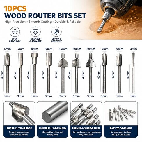 10Pcs Titanium Router Bits 1/8" Shank Carbide Engraving Milling Cutter Bit Set for Rotary Tools for DIY Woodworking, Carving, Trimming, Drilling in Kuwait