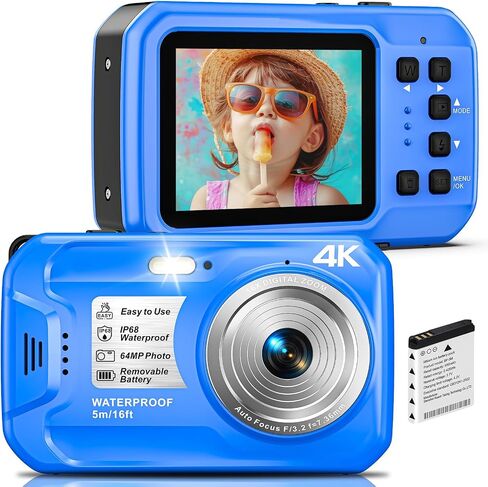 4K Underwater Camera, 64MP 16FT Waterproof Digital Camera with 16GB Card | Autofocus Floatable Waterproof Camera with IPS HD Screen, 16X Digital Zoom, Fill Light in Kuwait