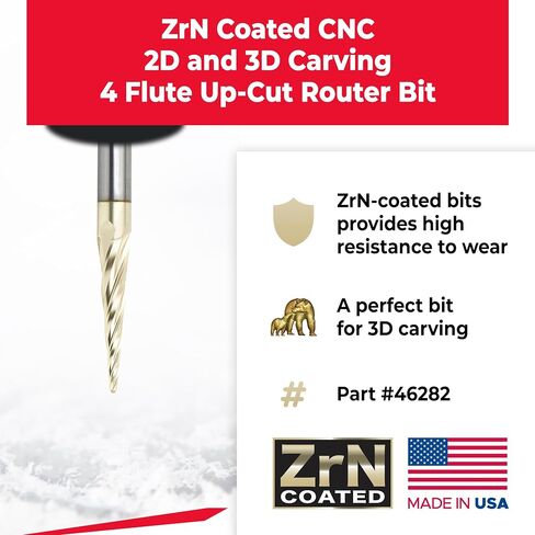 Amana Tool Up Cut Spiral CNC Router Bits for 2D/3D Carving, ZrN Coated, 46282, 5.4 Deg Tapered Angle Ball Tip 1/16 D x 1/32 R x 1 x 1/4 Shank 4 Fl in Kuwait