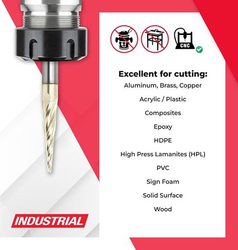 Amana Tool Up Cut Spiral CNC Router Bits for 2D/3D Carving, ZrN Coated, 46282, 5.4 Deg Tapered Angle Ball Tip 1/16 D x 1/32 R x 1 x 1/4 Shank 4 Fl in Kuwait