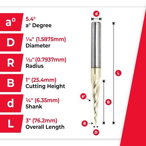 Amana Tool Up Cut Spiral CNC Router Bits for 2D/3D Carving, ZrN Coated, 46282, 5.4 Deg Tapered Angle Ball Tip 1/16 D x 1/32 R x 1 x 1/4 Shank 4 Fl in Kuwait