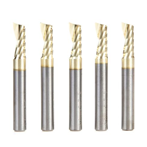 Amana Tool 51402-Z-5 5-Pack CNC SC Spiral O Single Flute Aluminum Cutting 1/4 D x 5/8 CH x 1/4 SHK x 2 Inch Long Up-Cut ZrN Coated Router Bits withMirror Finish in Kuwait