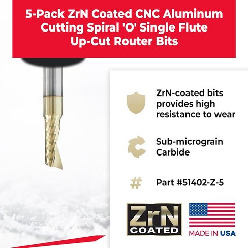 Amana Tool 51402-Z-5 5-Pack CNC SC Spiral O Single Flute Aluminum Cutting 1/4 D x 5/8 CH x 1/4 SHK x 2 Inch Long Up-Cut ZrN Coated Router Bits withMirror Finish in Kuwait