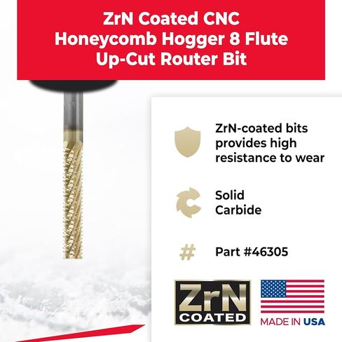 Amana Tool CNC Solid Carbide Honeycomb Cutting Hogger Spiral Router Bit, ZrN Coated, 46305, 3/8 Dia x 2 x 3/8 Shank x 4 Inch Long x 8-Flute in Kuwait