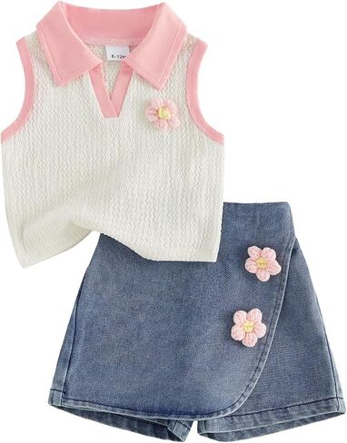 Hnyenmcko Toddler Baby Girl Summer Outfit Sleeveless Lapel Collar Ribbed Tank Tops Ruffle Jean Skirt Cute 2 Piece Clothes Set in Kuwait