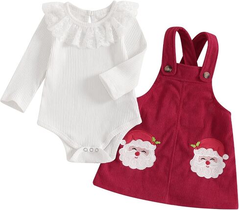 Socutebabe My First Christmas Baby Girl Outfit Newborn Lace Romper and Santa Corduroy Skirt Dress Outfits Clothes in Kuwait