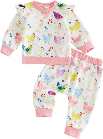 Toddler Cowgirl Outfit Chicken Sweatshirt Boot Print Shirt Top and Pants Set Farm Outfits Western Baby Girl Clothes in Kuwait
