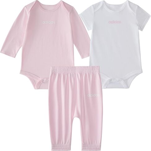 adidas Unisex 3-Piece Logo Bodyshirt & Pant Set, Pink With White, 6M | Pant Sets, elastic waist, relaxed fit in Kuwait